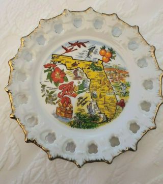 Vintage Florida State Souvenir Ceramic Plate Colorful Gold Trim Can Be Hung