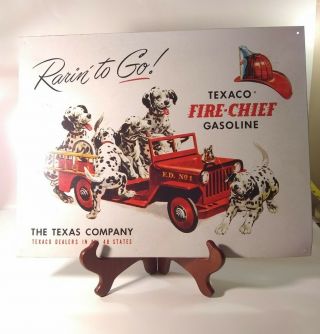 Vintage Texaco Fire Chief Gas Dalmation Puppy & Engine Tin Sign Rain To Go
