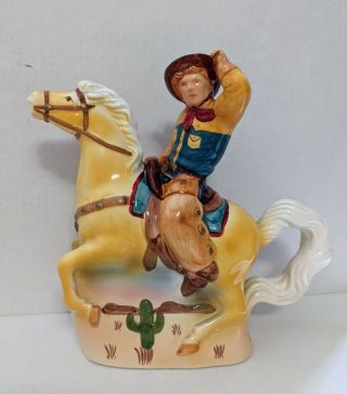 Vintage Rare Western Cowboy Bronco Horse Riding Unique Teapot Hand Painted