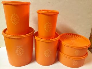6 Pc Vintage Tupperware Orange Servalier Canisters W/ Lids 1204 805 807 809 811