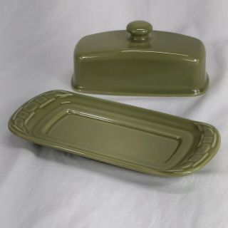Longaberger Pottery Covered Butter Dish Sage Green Ceramic Made In Usa Olive