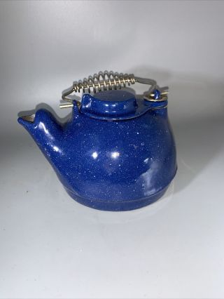 Vtg Cast Iron Tea Kettle Pot Wood Stove Fireplace Steamer Humidify Blue Enamel