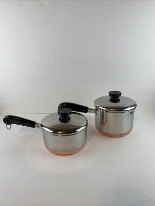 Vintage Revere Ware Set Of 2 Pots 1/ 1.  5 Qt Copper Bottom Sauce Pans W/ Lids Usa