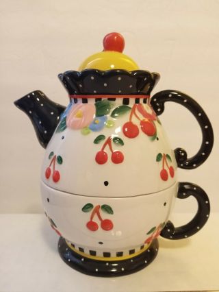 Mary Engelbreit Tea For One Cherries Ceramic Teapot Cup 3 Piece Set 2000 Michel