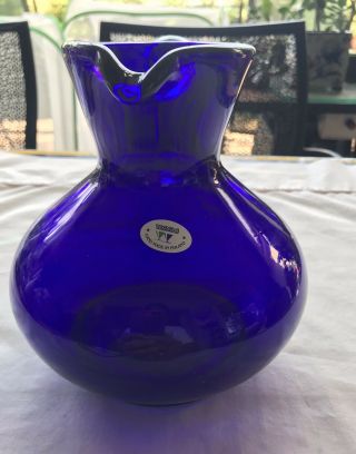 Wanda Hand Blown Glass Cobalt Blue Pitcher/vase Handmade In Poland