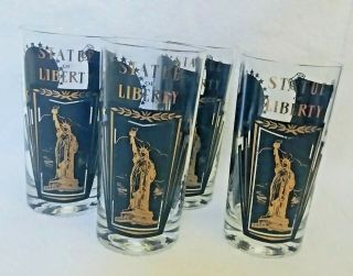 Set Of 4 Statue Of Liberty Souvenir Glasses: Black & Gold Picture Of Statue,