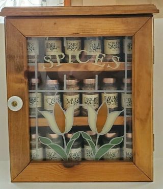 Vintage Wood Spice Rack Cabinet Glass Door Faux Stained Glass 3 Tier Tulips