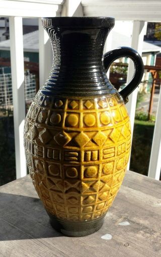Midcentury German 11 " Tall Ceramic Pitcher Vase,  Gold And Brown - Geometric