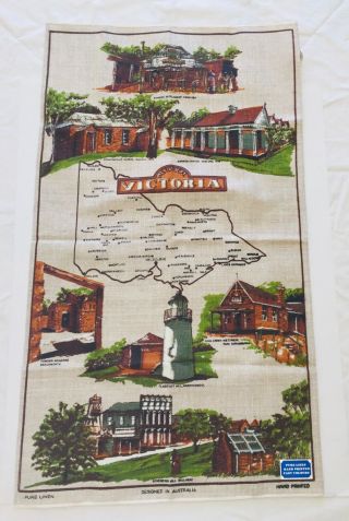 Vintage Linen/cotton Souvenir Tea Towel Historic Victoria Map Australia