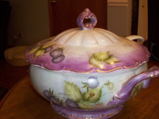 Porcelain Soup Tureen W/lid,  French Style Unmarked Hand Painted Blackberry Sign