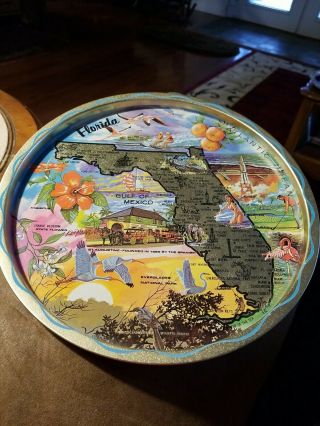 Vintage Florida Souvenir Tray Map & Tourist Attractions Gold Metal 11 "
