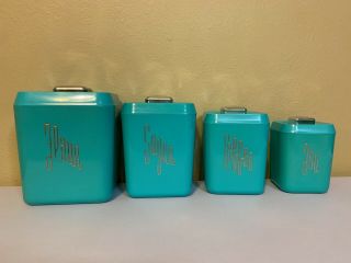 Vintage Mid - Century 1950 " S Aqua Blue Complete Container Set/with Lids