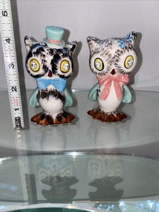 Vintage Norcrest Owls Salt And Pepper Shakers Rhinestone Eyes Pink Blue Bow Tie