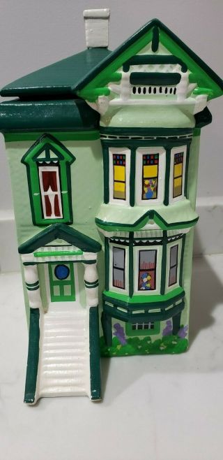 Vintage Cookie Jar Green Victorian House Hand Painted Ceramic Artist Signed