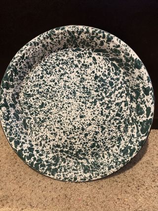 Vintage Large Green White Splatter Enamelware Tray Platter 12.  5” Black Trim