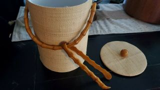 Vintage Mid - Century Grass Cloth And Bamboo Ice Bucket And Tong Set