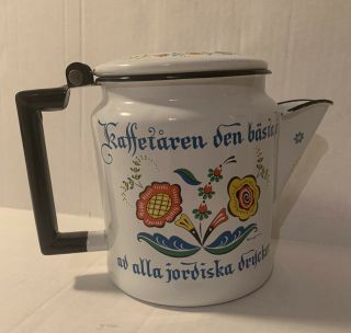 Vintage Berggren Ware Floral Enamelware Coffee Pot Kettle Rosemaled Sweden 6 Cup