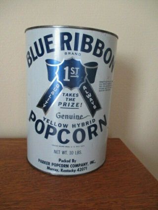 Vintage Blue Ribbon Yellow Hybrid Popcorn 10 Lb.  Tin - Parker Co.  - Murray,  Ky