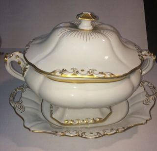 Gold & White Tureen W/ Lid & Serving Dish