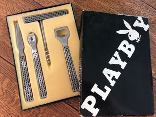 Playboy Vintage Mcm 70s Bar Set - Stainless And Teak Wood - Set Of 4