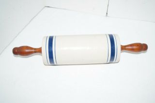 Vintage Ceramic Rolling Pin Wood Handles Cream Blue Lines