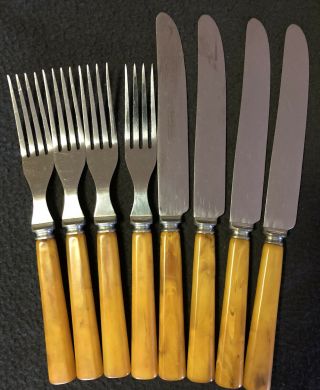Set Of 8 Vintage Bakelite Silverware Marble Butterscotch Knives & Forks