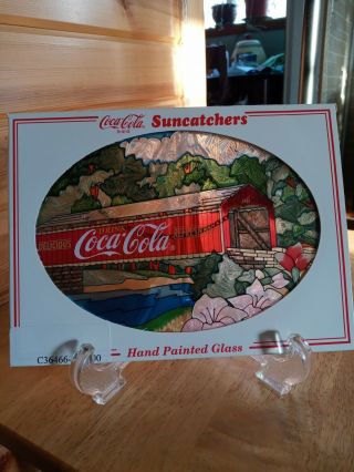 9 Inch Oval Coca - Cola Covered Bridge Hand Painted Glass Suncatcher 1997