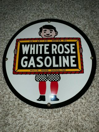 Vintage White Rose Gasoline Oil & Gas Automotive Porcelain Sign,  Size 12 "