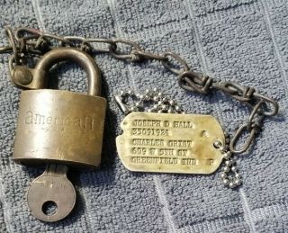 Vintage Greenfield Indiana Military Id Tag,  Foot Locker Lock & Key On Chain