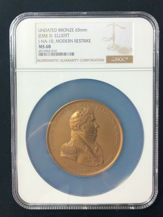 Jesse D.  Elliott J - Na - 10 Bronze 65mm Medal Ngc Ms 68 Restrike 1880 - 1898
