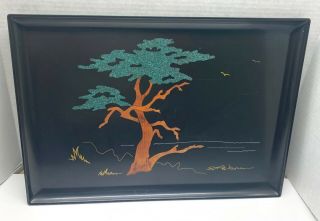 Vintage 1966 Couroc Of Monterey Cypress Tree Inlaid Wood Large Tray 18 " Across