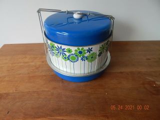 Vintage Blue Green Flowers Metal Cake Saver Food Carrier Triple Decker