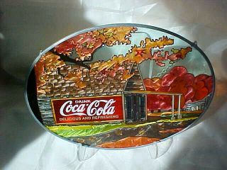 9 Inch Oval Coca - Cola Cabin In Fall Colors Hand Painted Glass Suncatcher 1997