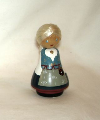 Swedish Peg Doll - Little Girl In Sweden Dress 4 " Wood Peg W Blond Hair Euc