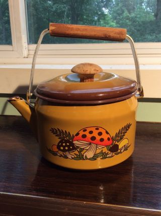Vintage Merry Mushroom Enamel Kettle/ Tea Pot Wooden Handle