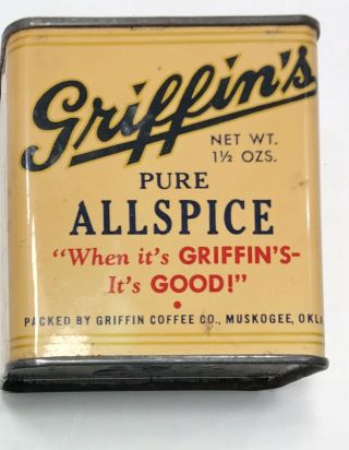 Spice Tin Vintage Griffin’s Pure Allspice Griffin Coffee Co.  Muskogee Oklahoma