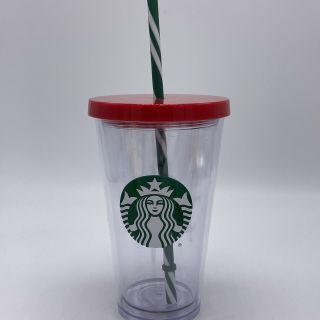 Starbucks Grande Clear Acrylic Cold Cup Tumbler 16oz Red Lid Green Stripe Straw