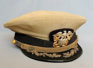 Us Navy Officers Visor Cap W/bullion Embroidered On Hat Bib - Screw Back Insignia
