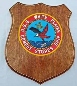 Uss White Plains Afs 4 Combat Store Ship Carved & Painted Wooden Plaque