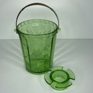 Vintage Green Glass Ice Bucket With Etched Flower Design & Ice Drainer Insert