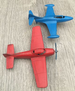 Set Of 2 Vintage 1950’s Tootsie Toy Airplane Plane Red Navion Blue Propeller Jet