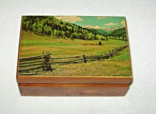 Vintage Colorado Souvenir Cedar Wood Jewelry Trinket Box Mountain Country Scene