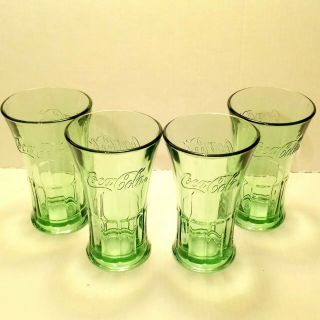 Vintage Libbey Green Glasses Coca Cola Coke Flared Tumblers Heavy 16oz Set Of 4