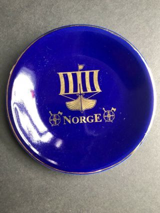 Vtg Souvenir Collector Plate Norge Norway Navy Blue W/gold 4 - 1/8 "