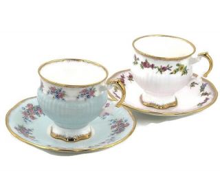 Vtg Elizabethan Fine Bone China Footed Teacup & Saucer Blue Pink Roses England