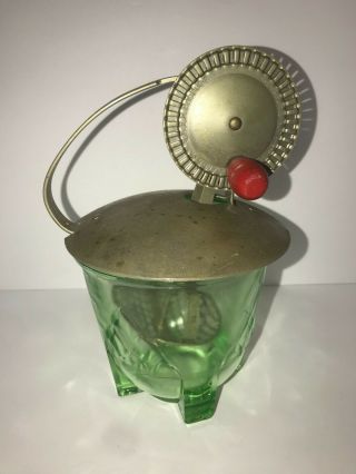 Vintage Androck Egg Beater With Green Depression Glass 2 Cup Footed Bowl 4 1/2 "