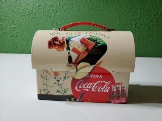 Coca Cola Lunch Box Tin Box W/ Handle " Why Grow Thirsty? " Girl Picking Flowers