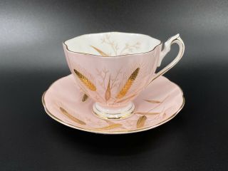Queen Anne Pink Gold Leaves 5492 Tea Cup Saucer Set Bone China England