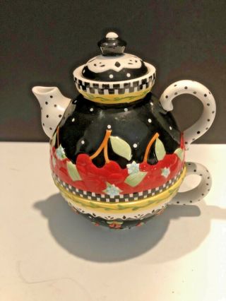 2001 Mary Englebreit " Teapot " Very Cherry Ceramic Teapot Lid And Cup Usa 6” X 7”