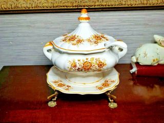 Soup Tureen With Ladle,  Underplate And Stand - Orange,  Brown & Yellow On White